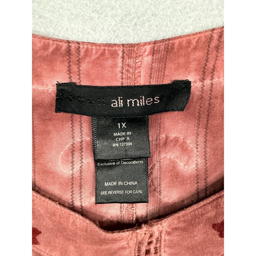 Ali Miles Top Womens 1X Pink Floral Embroidered Roll Tab Sleeve Boho Feminine - Picture 2 of 9